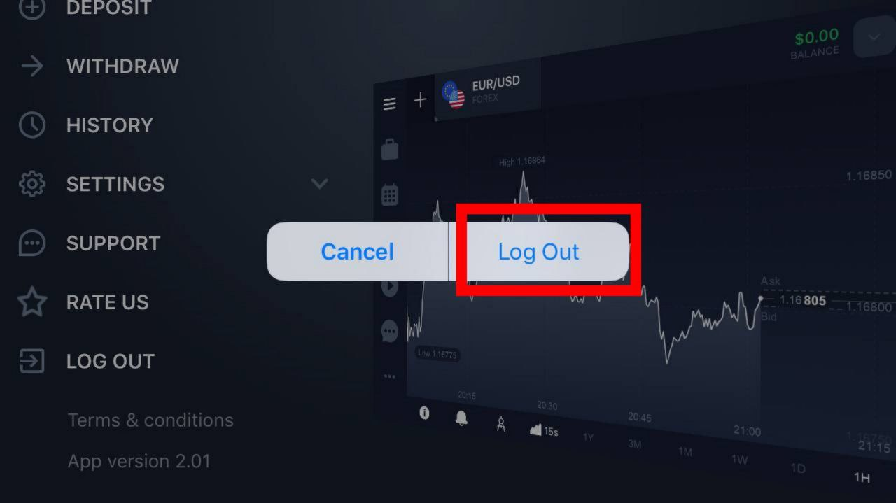 IqBroker Logout log out by pressing on the LOG OUT button